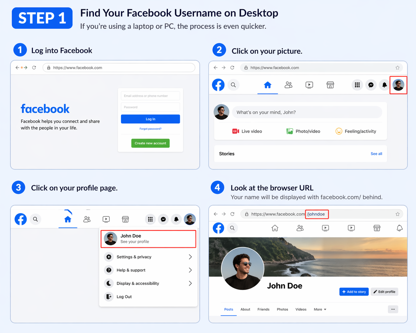  Step-by-step desktop guide showing browser URL method for how to find your facebook username. 