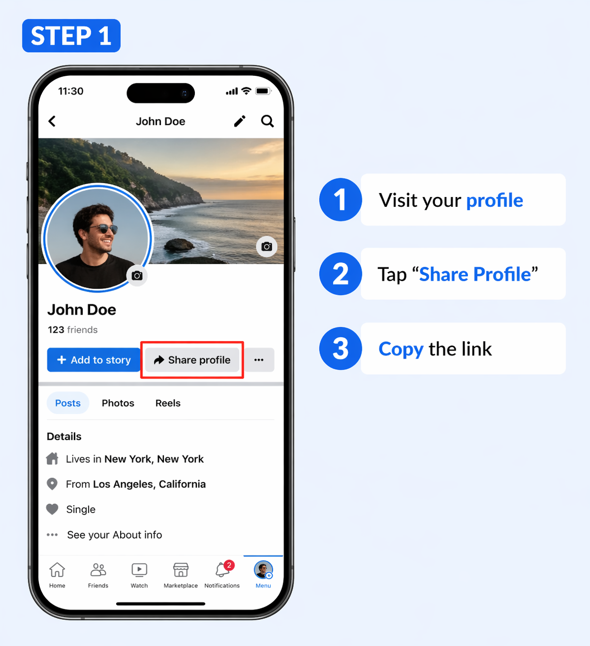 Step-by-step mobile Facebook profile screen showing “Share Profile” option for how to find your facebook username.