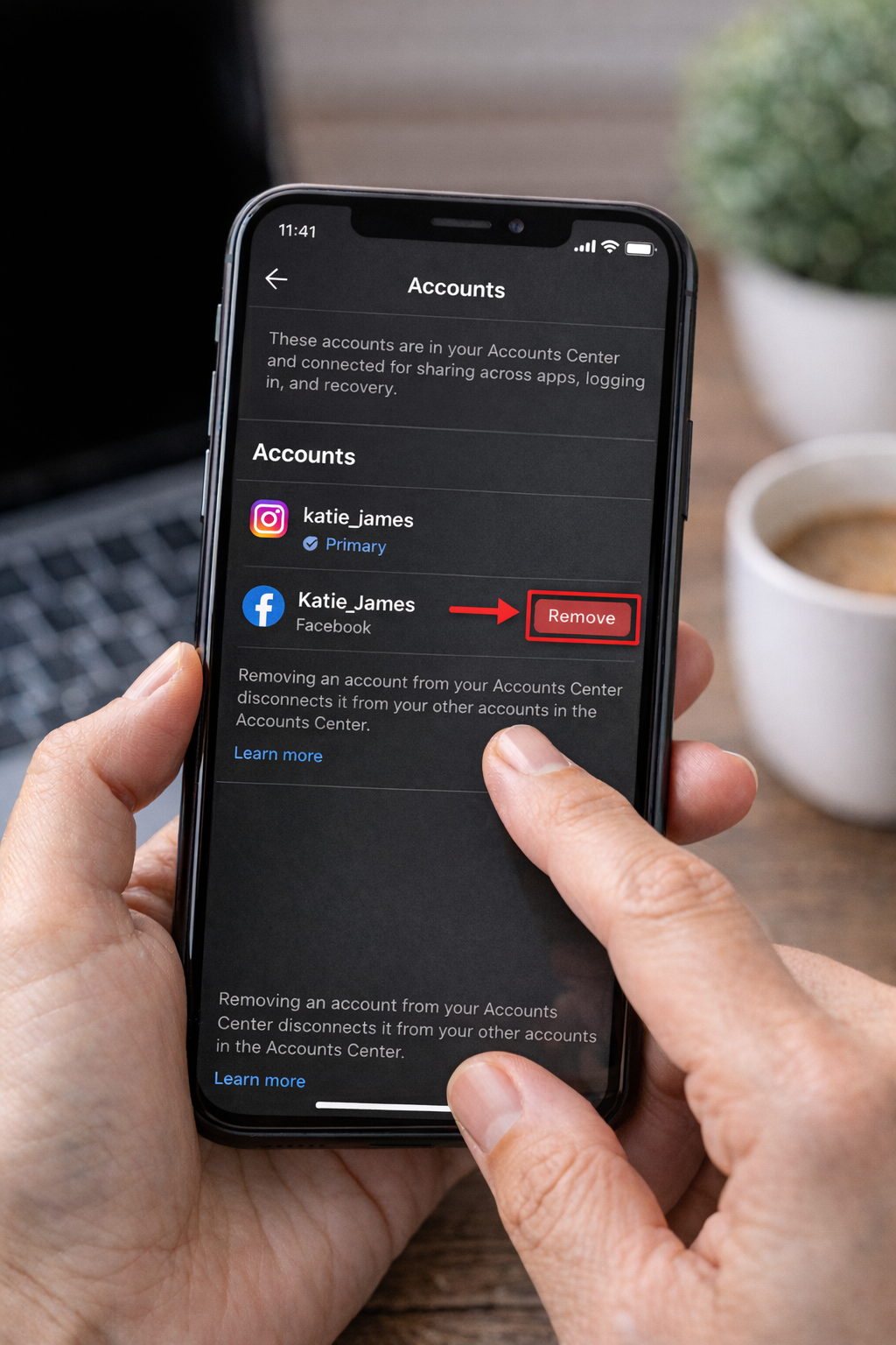 Mobile phone displaying Instagram “Accounts Center” screen showing linked Facebook and Instagram accounts