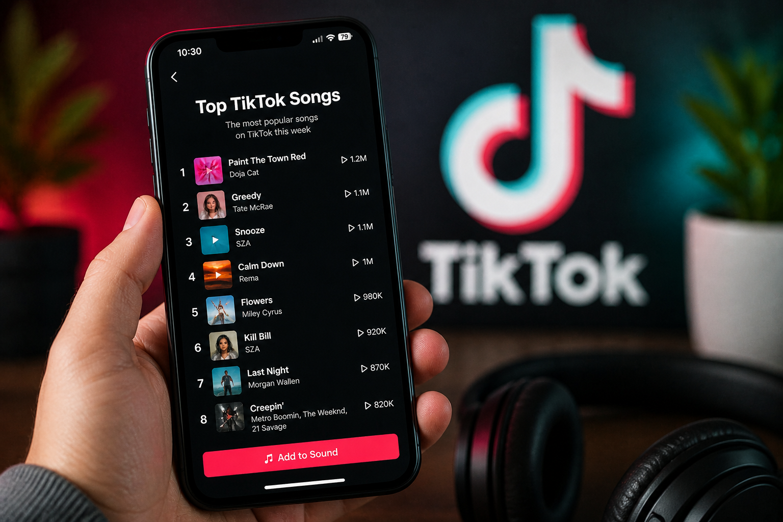 Top TikTok songs displayed on smartphone screen with trending playlist interface.