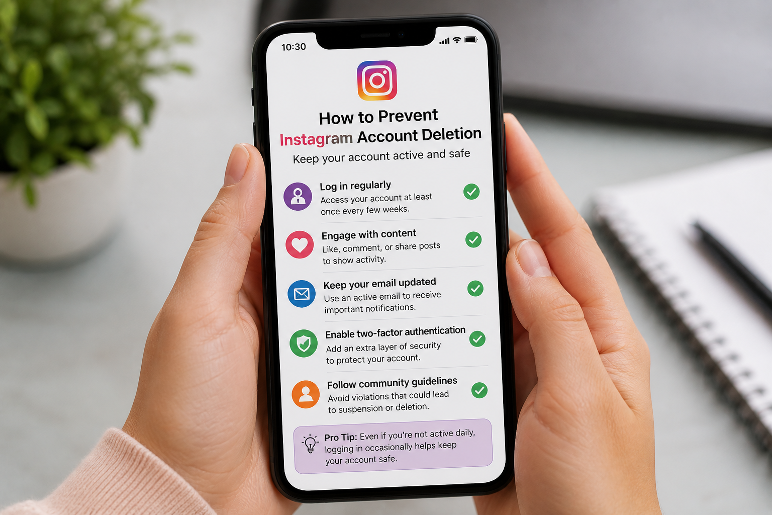 A smartphone screen displaying a checklist of tips explaining how long does Instagram delete inactive accounts and ways to keep your profile active.