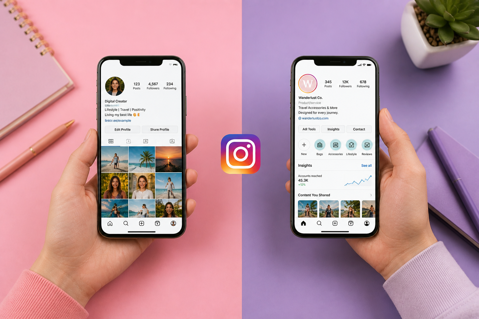 Side-by-side smartphones with different profile layouts, highlighting Instagram creator vs business account features in a clean visual comparison.