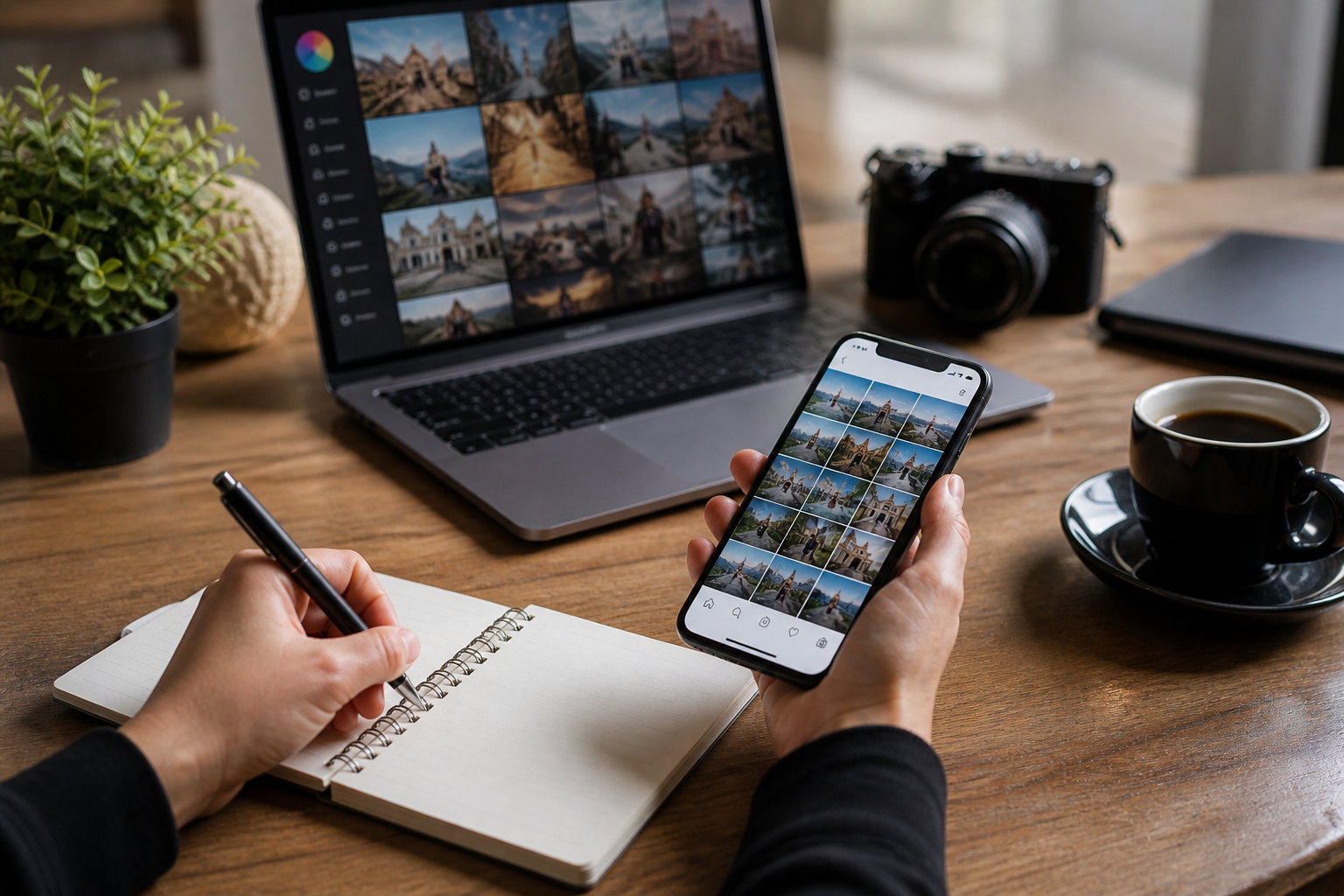 Organized workspace with laptop, phone, and planner showing content strategy, representing Instagram business vs creator account differences in action.
