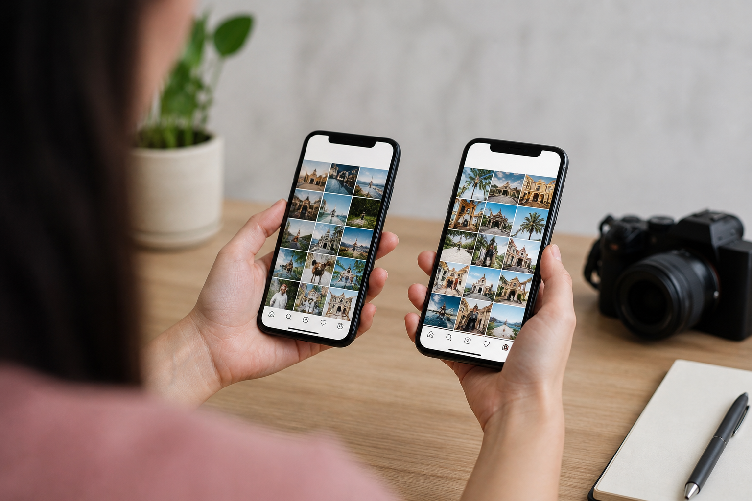 A person holding two smartphones displaying social feeds, illustrating creator vs business account Instagram in a real-life scenario.