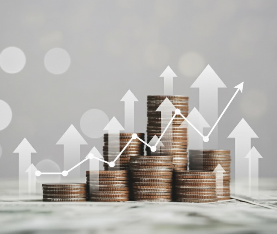 Equipo analizando gráficos de ventas y dinero, simbolizando aumento de ingresos