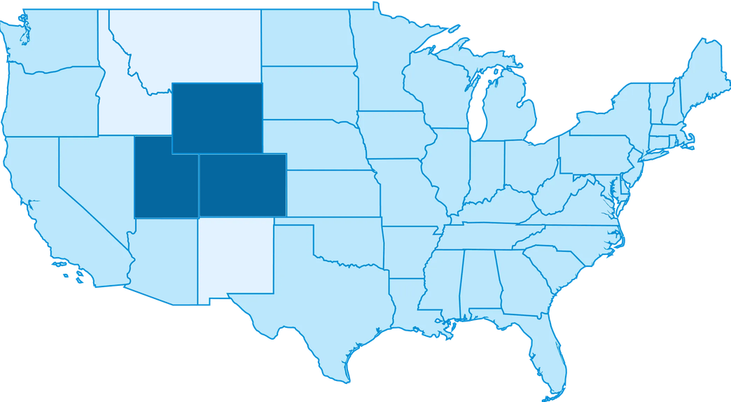 Map of Simpl Care service areas: available in Utah, Wyoming and Colorado; coming soon to Idaho, Montana and New Mexico