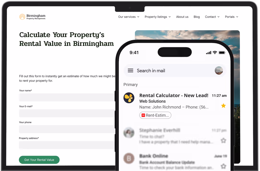 An image of a form that is the rent calculator and a PM getting an email with a new lead in it that was sent by the form