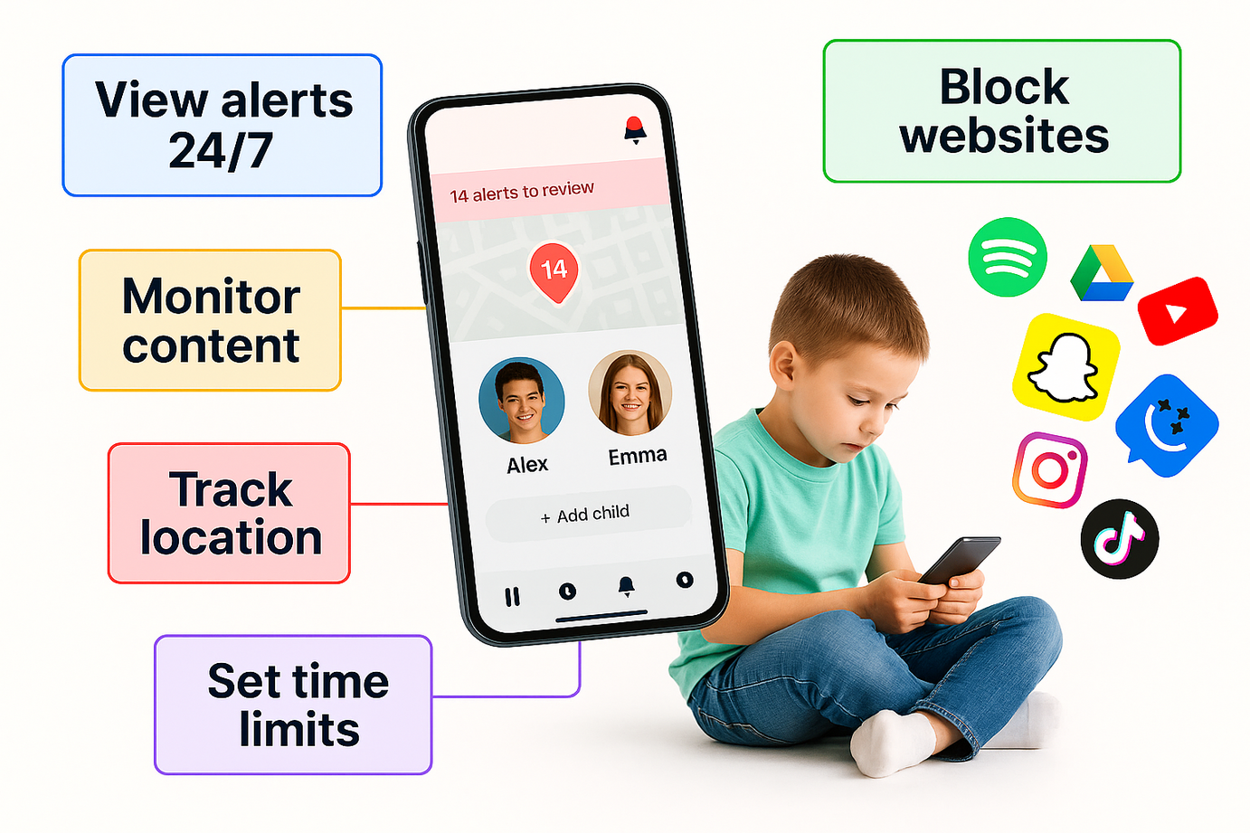 non invasive parental phone tracker for minors that monitors content, tracks location, blocks websites, and alerts parents to unsafe behavior