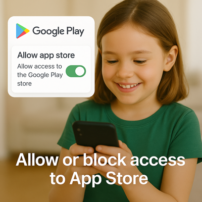 Smiling young girl looking at a smartphone with a Google Play app store permission toggle showing 'Allow app store' enabled, and text reading 'Allow or block access to App Store'.