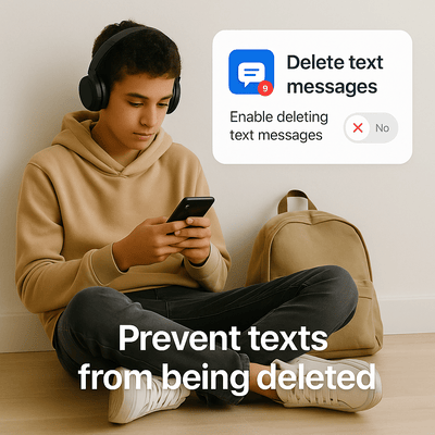 Teen boy in headphones sitting on floor with smartphone, next to backpack, with text overlay about preventing text messages from being deleted.