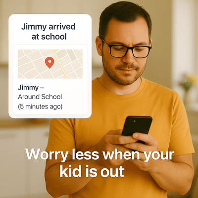 Man wearing glasses and an orange shirt looking at his phone with a notification showing Jimmy arrived at school near a map pin, and text reading 'Worry less when your kid is out.'