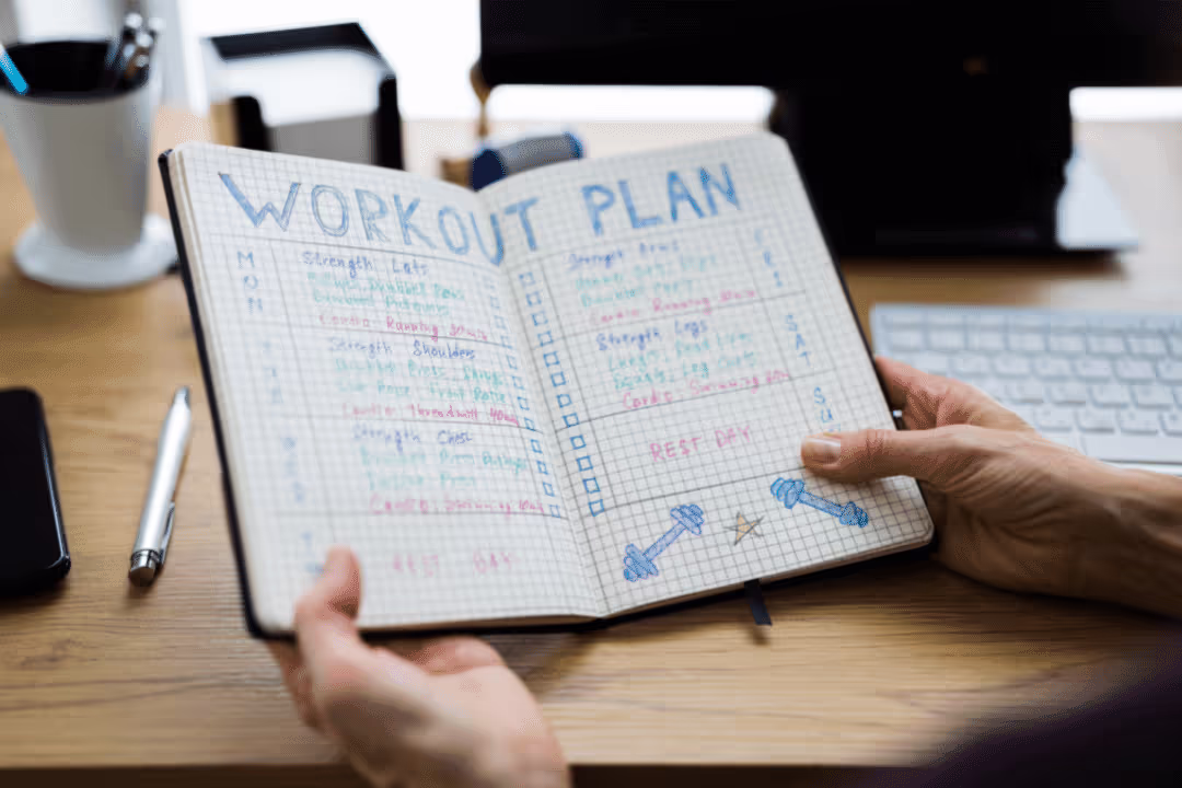 workout plan in notebook at office desk