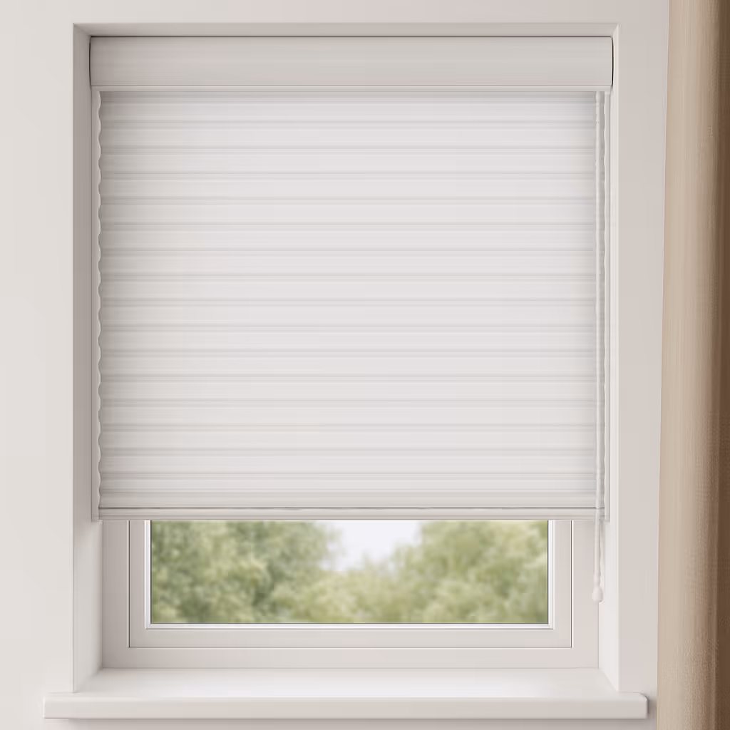 Honeycomb blind in front of window. 