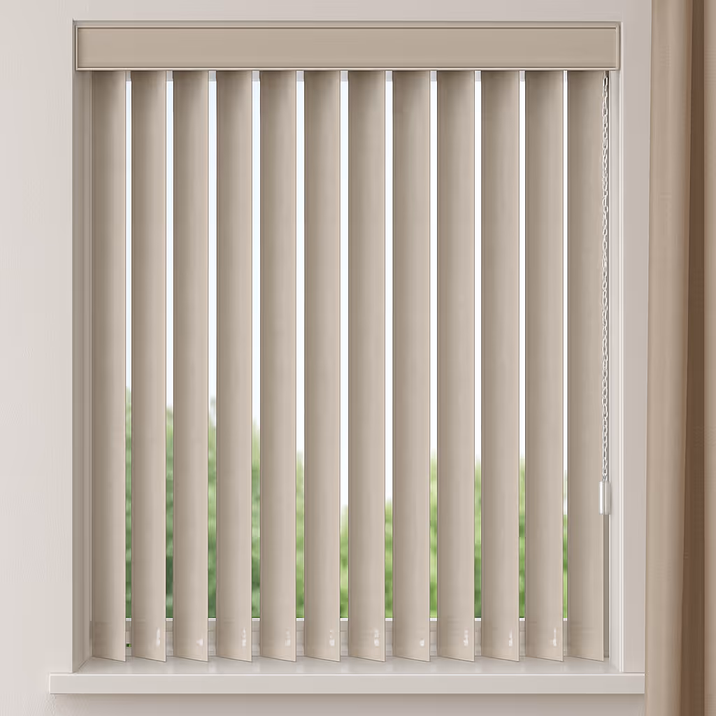 Vertical blinds in front of the window. 