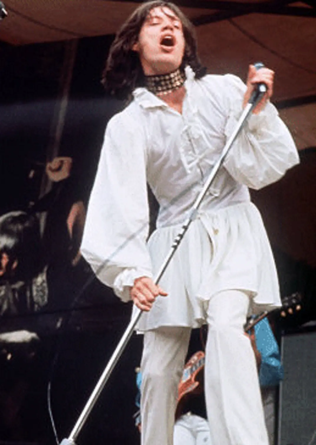 Mick Jagger in the white outfit designed by Michael Fish at the 1969 Hyde Park concert