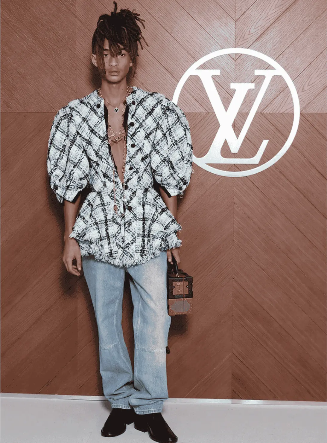 Jaden Smith in a gender-fluid Spin on Tweed Top at Louis Vuitton's Fall 2025 Paris Fashion Week Show