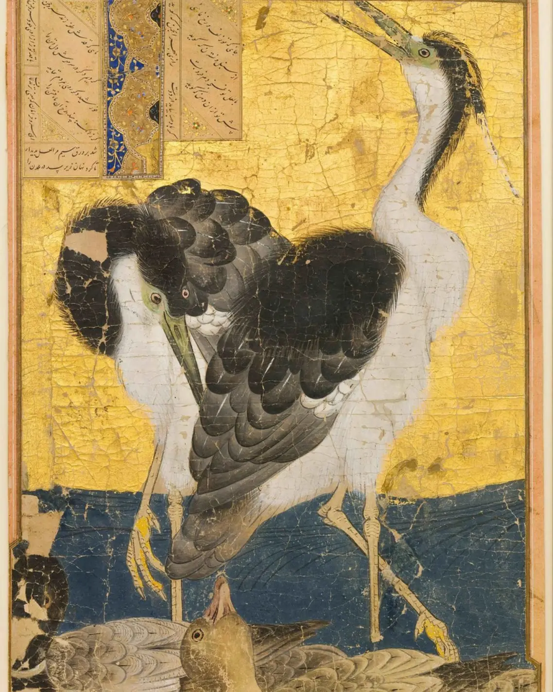 Two herons with ducks, 14th century Iran