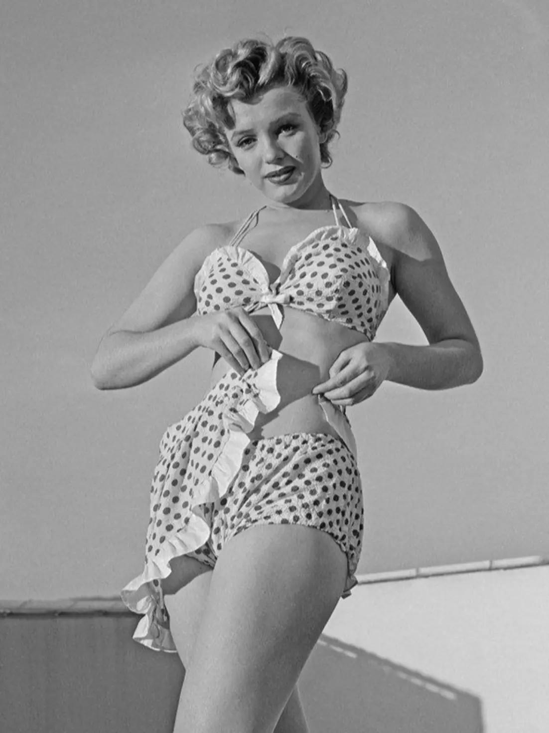 Marilyn Monroe in polka dot swimsuit, early 1950s