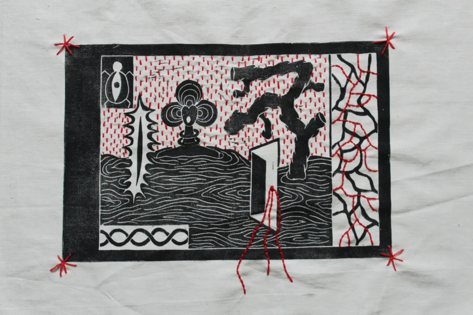 1-54 Contemporary African Art Fair Yadichinma Ukoha Kalu, Ala’s Dream II, 2024, Linocut print & embroidery on cotton, 30 x 20 cm, Print 1 of 1