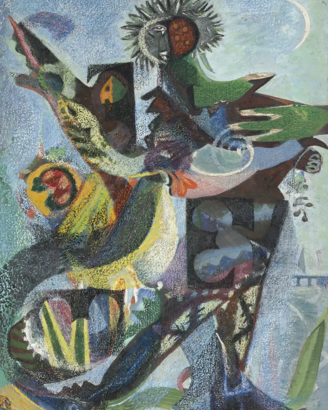 Women of Surrealism Wandering Minstrel, oil on board, 29¾ x 22 in