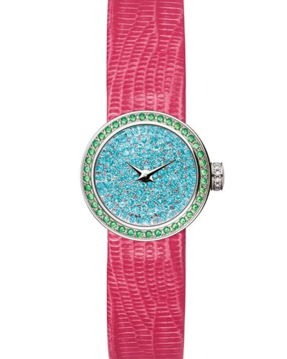Women in high jewelry2 La Mini D De Dior with snow-set Paraiba Tourmalines 19mm quartz