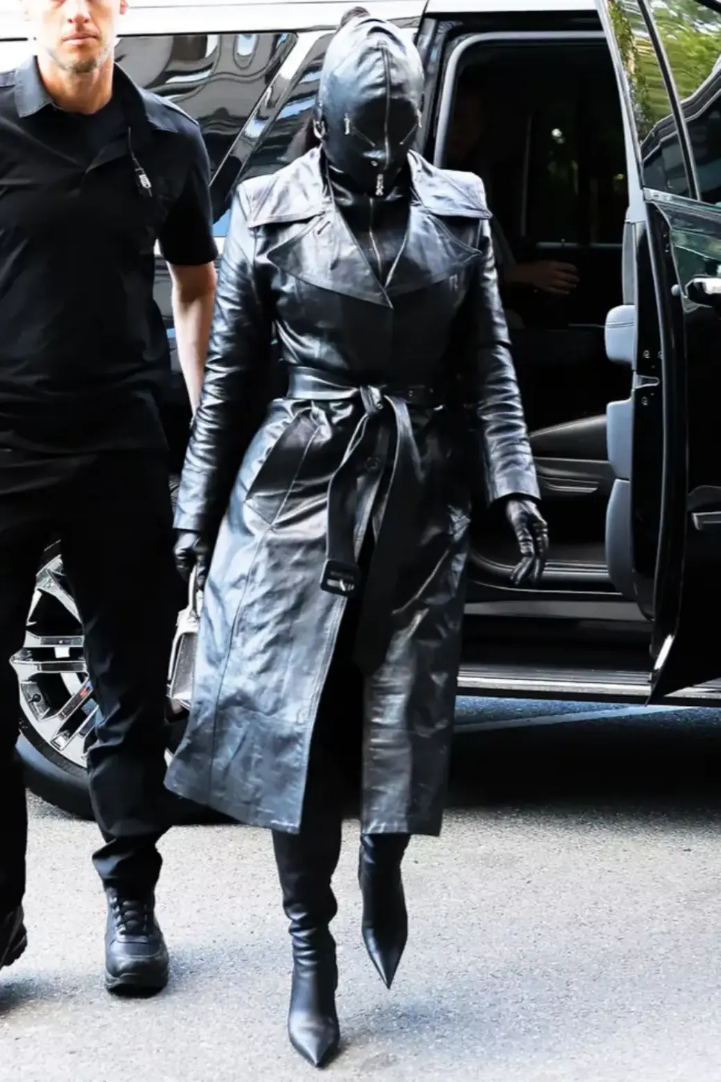 Kim Kardashian in Balenciaga Head-to-Toe Black leather Ensemble Fetish Style