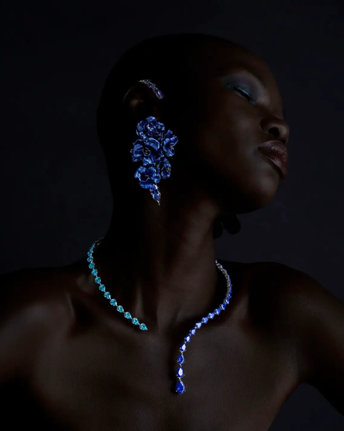 Anabela Chan laboratory-grown gemstones Midnight Camellia Bloom Ear Cuff: Recycled aluminium, rhodium vermeil with 14k gold posts, laboratory-grown synthesised Kashmir blue sapphires