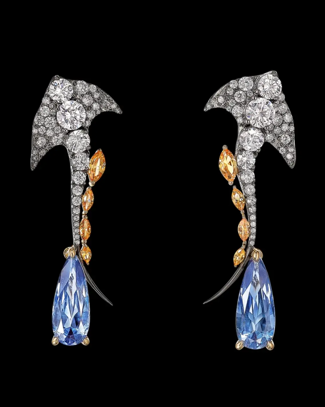 Anabela Chan laboratory-grown gemstones Aqua Ray Earrings: Rhodium vermeil, 14k gold posts with laboratory-grown and created gemstones including blue spinels, yellow sapphires and simulated white diamonds
