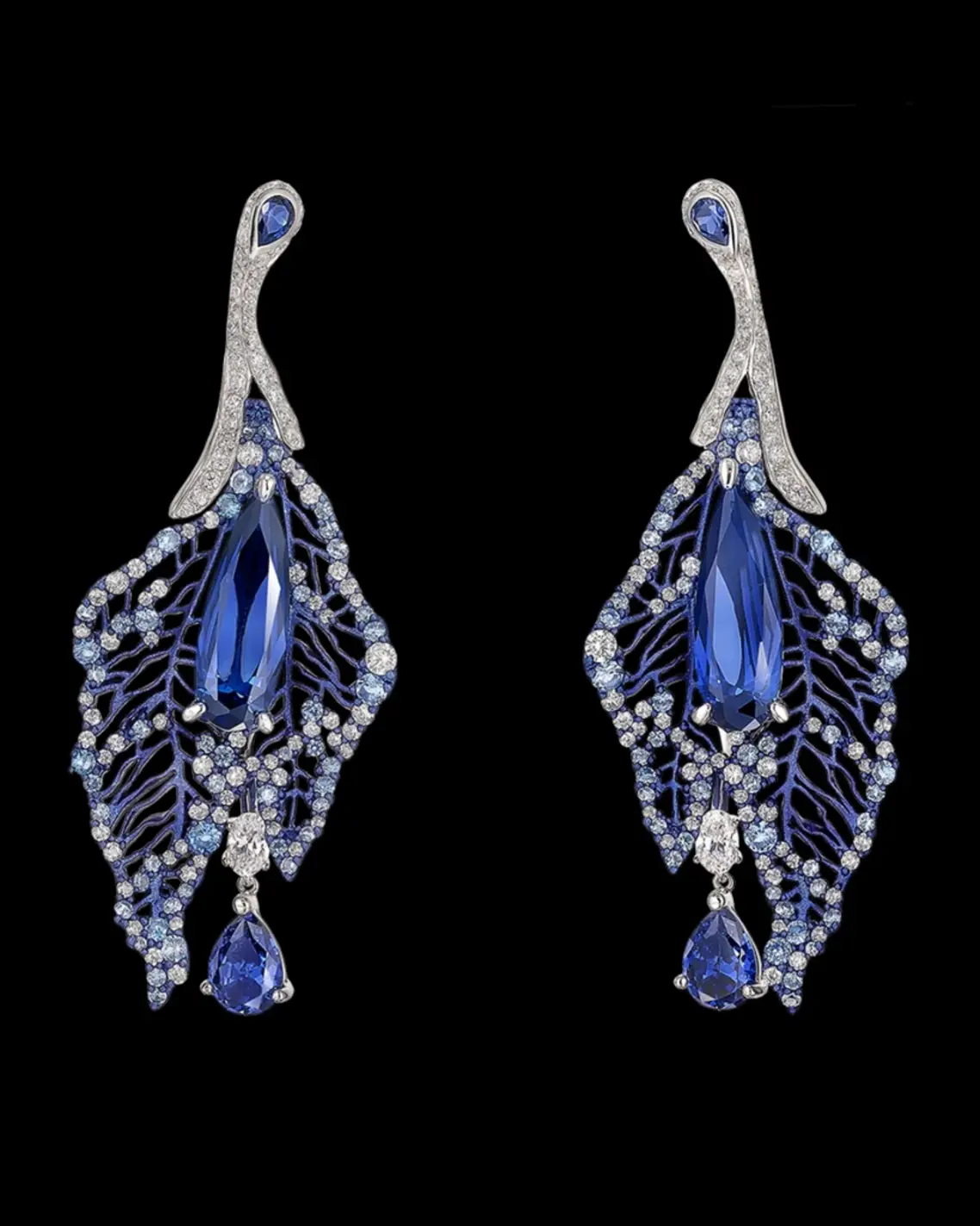 Anabela Chan laboratory-grown gemstones Sapphire Atlantis Earrings: Recycled aluminium, rhodium vermeil with 14k gold posts, laboratory-grown and created gemstones including cornflower blue sapphires , royal blue sapphires and simulated white diamonds