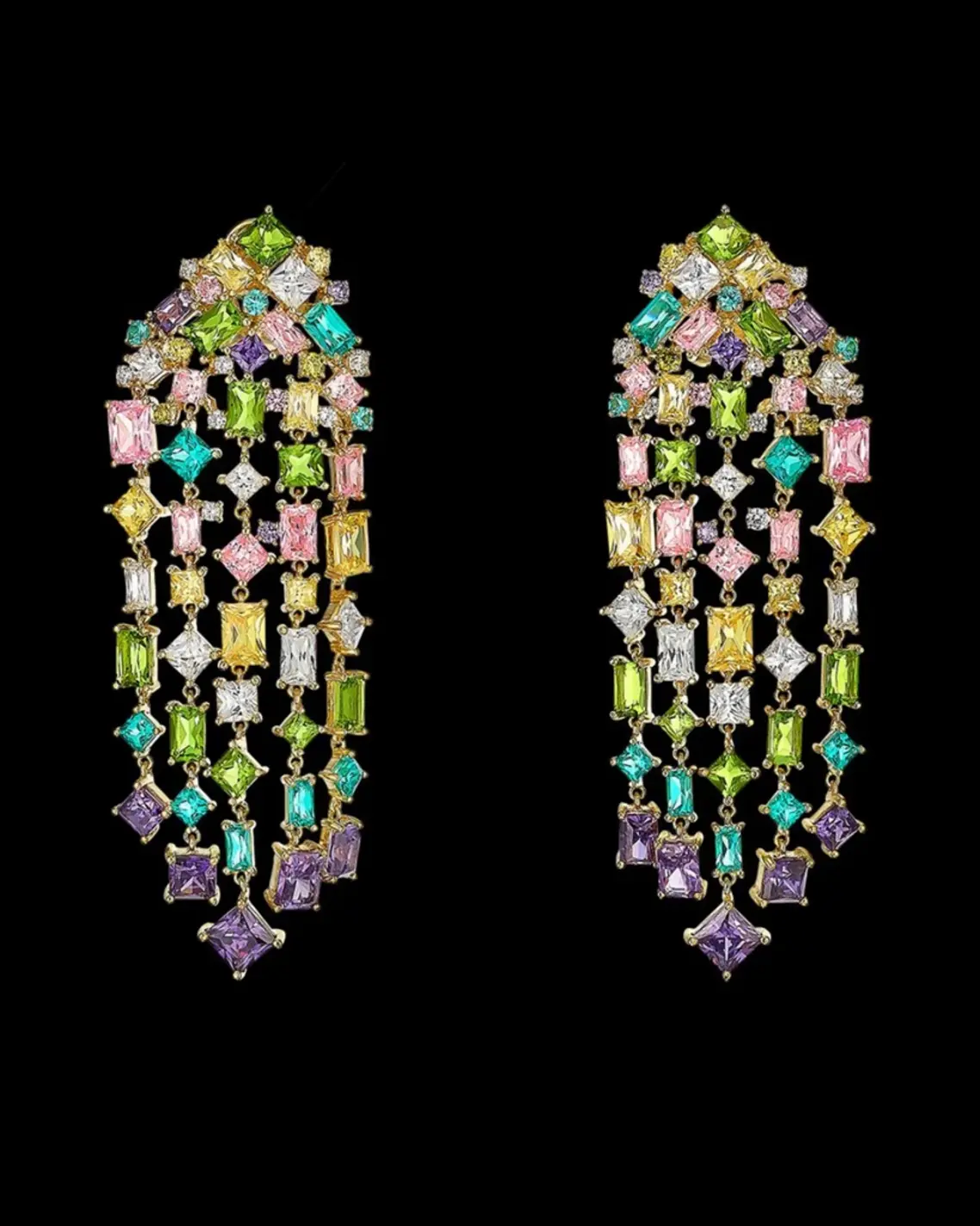 Anabela Chan laboratory-grown gemstones Rainbow Cascade Earrings: 18k yellow gold vermeil with 14k gold posts, laboratory-grown and created gemstones including rose pink sapphires, violet amethysts, peridots, paraiba tourmalines, simulated canary and white diamonds