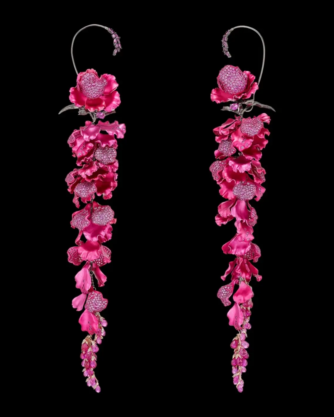 Anabela Chan laboratory-grown gemstones Fuchsia Wisteria Earrings: Recycled aluminium, rhodium vermeil, 18k gold posts, with laboratory-grown and created gemstones including fuchsia pink sapphires