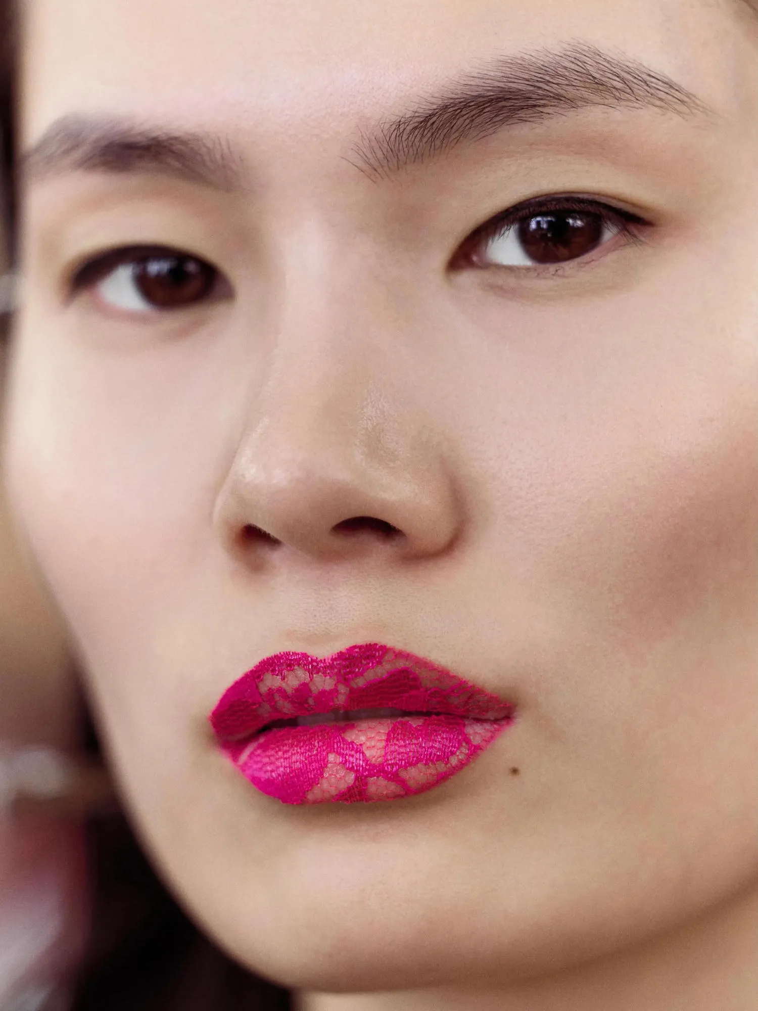 Haute Couture Fall 2026 Makeup Lace-textured lips by Thomas de Kluyver for the Jean Paul Gaultier Fall/Winter 2026 Haute Couture collection