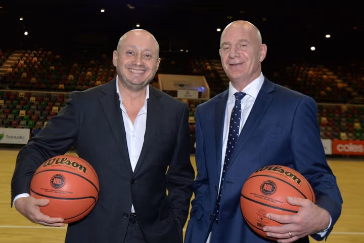 Premier of Tasmania Peter Gutwein and Larry Kestelman on NBL Tasmania