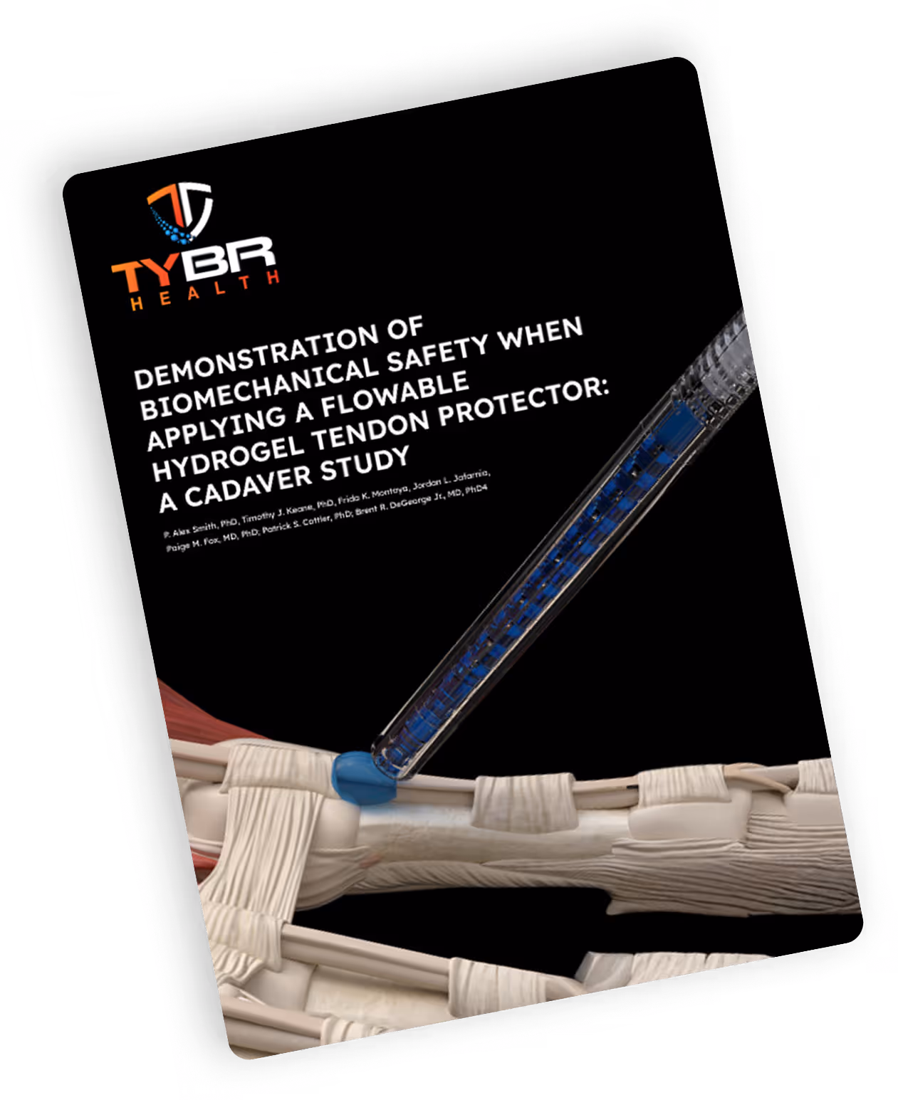 Illustration of a flowable hydrogel tendon protector being applied over hand tendons and ligaments in a cadaver study demonstration.