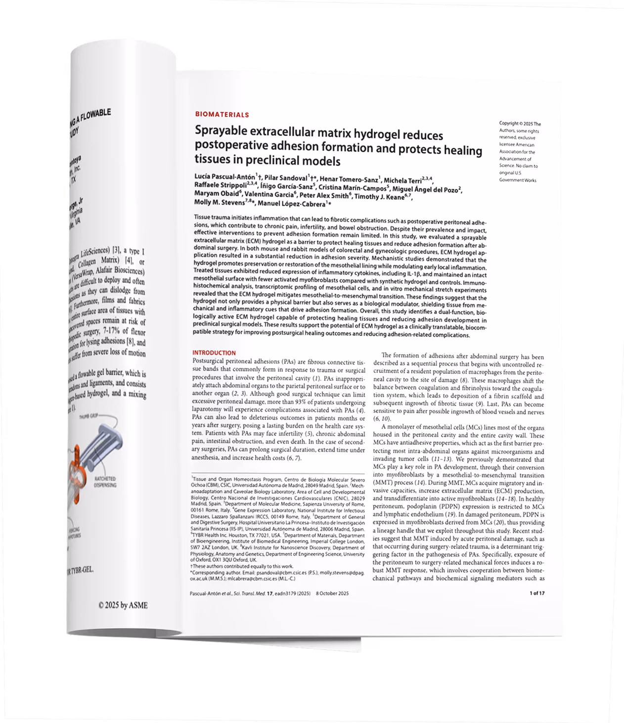 Scientific article titled 'Sprayable extracellular matrix hydrogel reduces postoperative adhesion formation and protects healing tissues in preclinical models' with authors and introduction text.