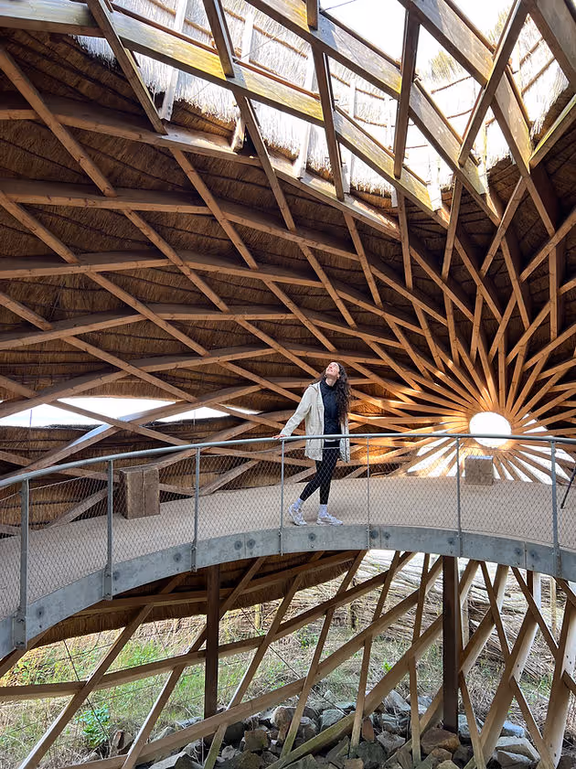 woman standing in geometric wooden bird observatory