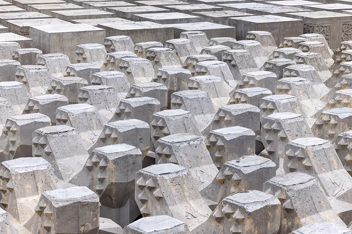 a maze of concrete coral reef blocks in a shipping yard