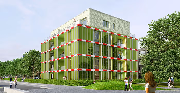 modern green building covered in algae