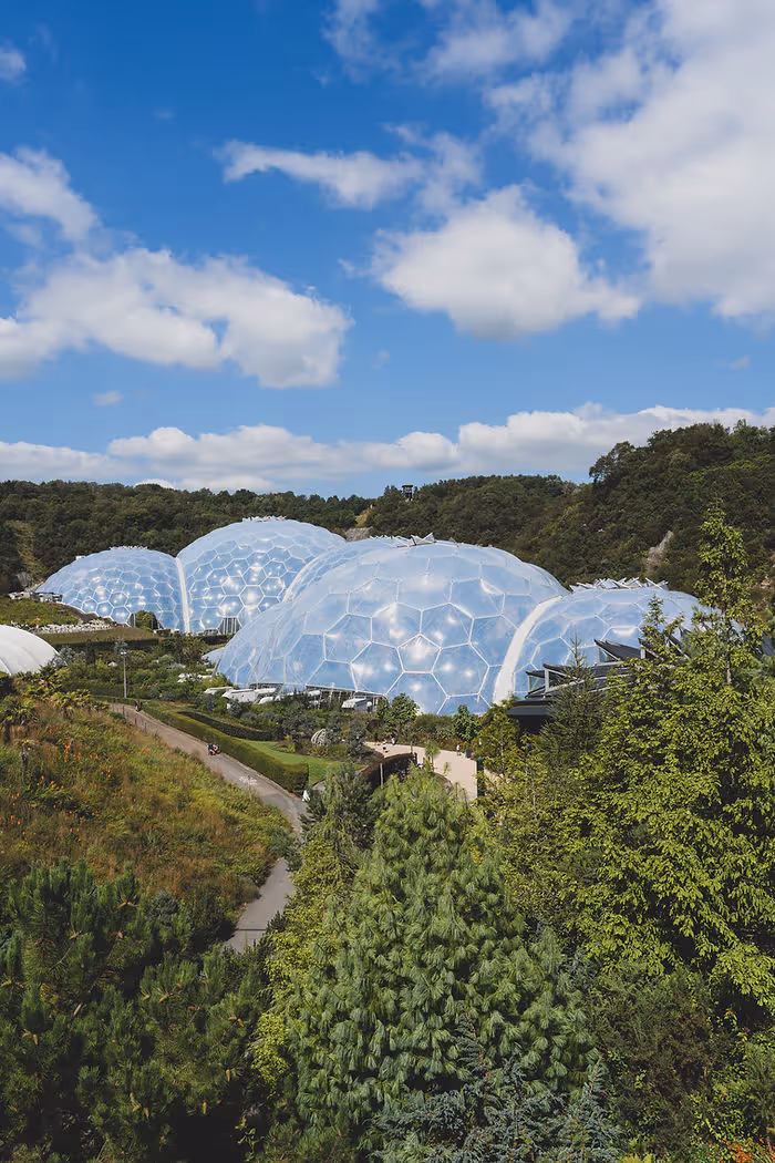 bubble buildings of eden project surrounded by trees in Cornwall