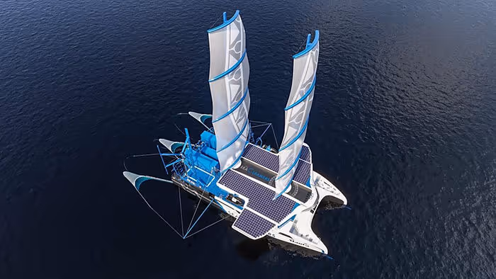 large solar-powered catamaran in the ocean