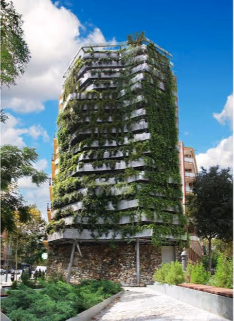 tall apartment building covered in green walls