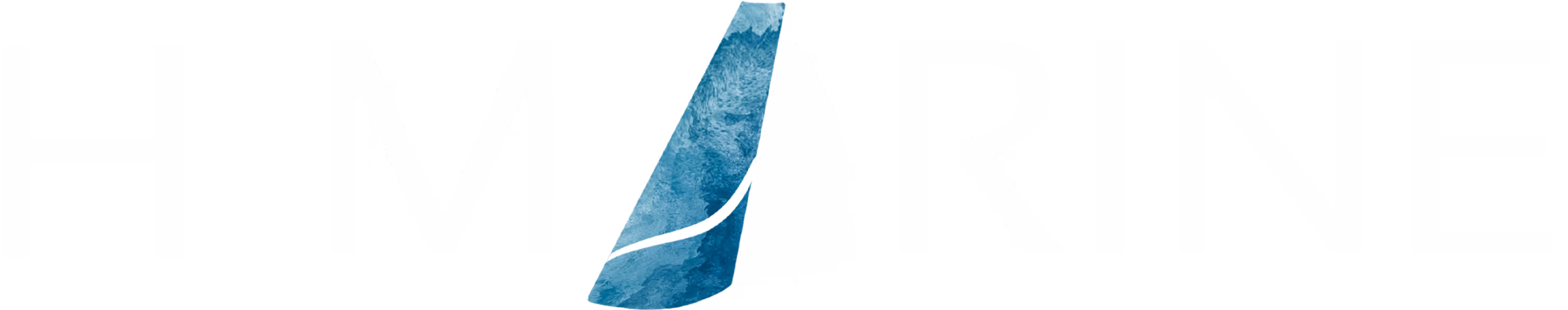 Text reading 'HM MARINE' with the letter 'A' stylized as a blue sailboat sail.