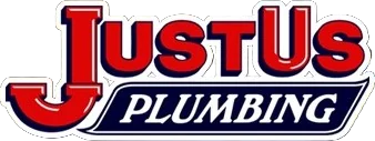 JustUs Plumbing company logo with bold red and navy blue text.