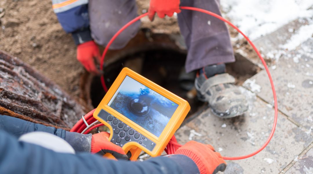 Worker wearing orange gloves operating a sewer inspection camera near an open manhole.