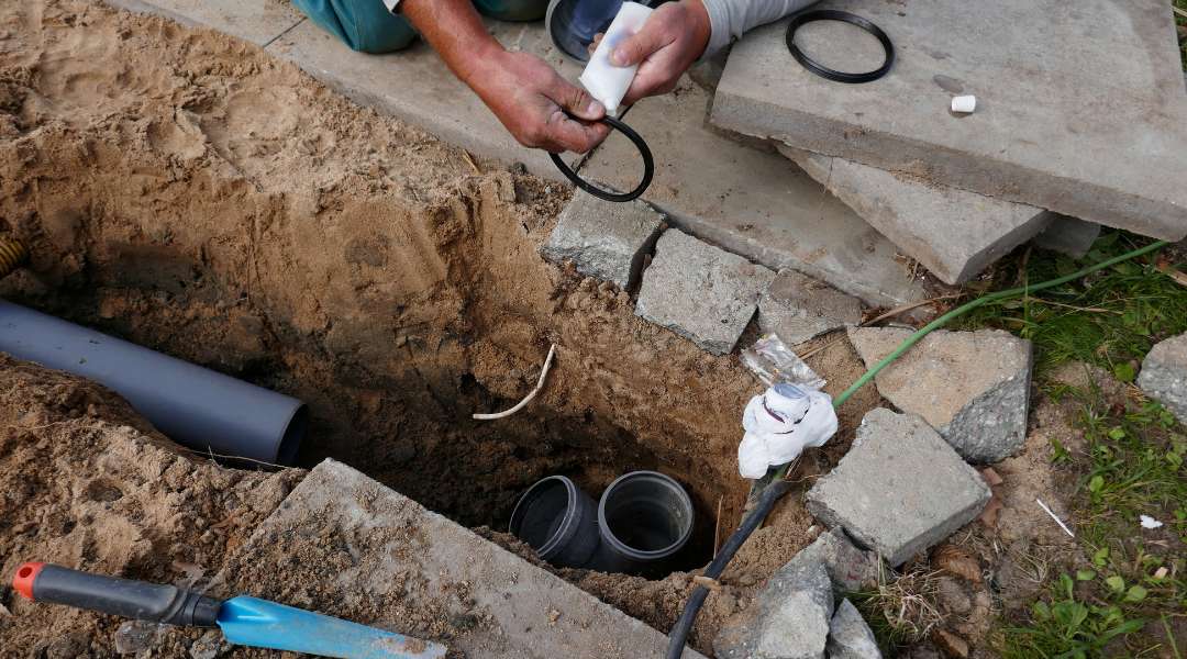Worker's hands applying adhesive to a rubber gasket near a dug trench with exposed pipes and concrete slabs.