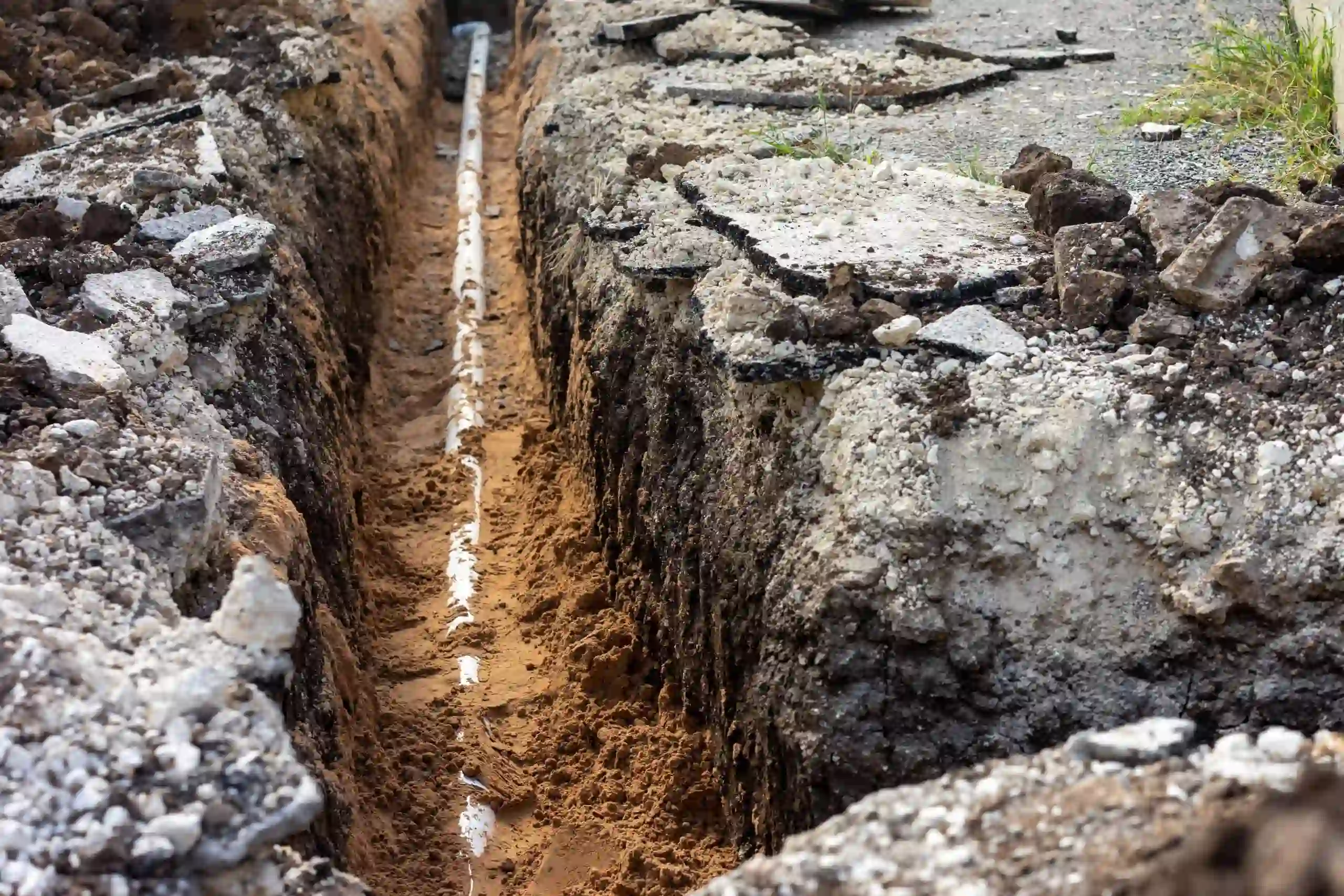 Trench dug in the ground with a white PVC pipe installed, surrounded by dirt and broken pavement.