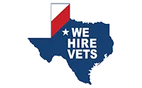 Blue silhouette of Texas with a red and white ribbon and the text 'We Hire Vets' in white.