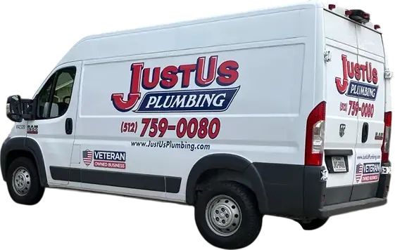 White van with JustUs Plumbing logo, phone number (512) 759-0080, and Veteran Owned Business emblem.