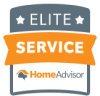 Elite Service badge from HomeAdvisor with a gray top and orange banner.