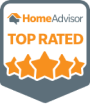 HomeAdvisor Top Rated badge with five orange stars on a gray shield background.